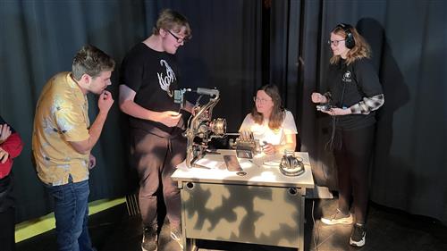 Writer, director and crew work with the new camera gimbal
